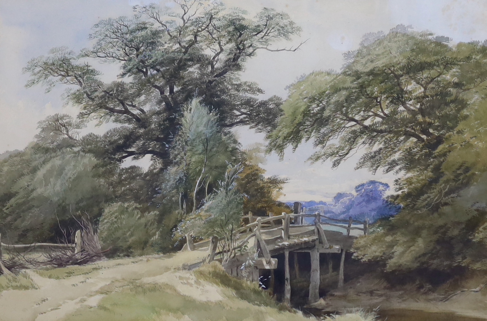 Henry Jutsum (1816-1869), watercolour, Bridge over stream, signed, inscribed in ink verso, 33 x 48cm